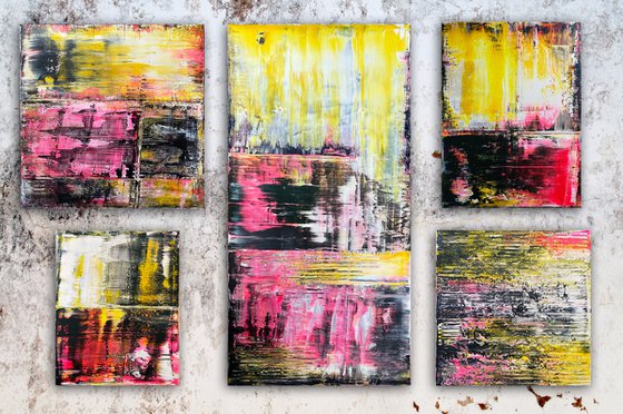 "A Motley Crew" - Save As A Series - Original PMS Abstract Polyptych Acrylic Paintings On Canvas and Wood - 70" x 50"