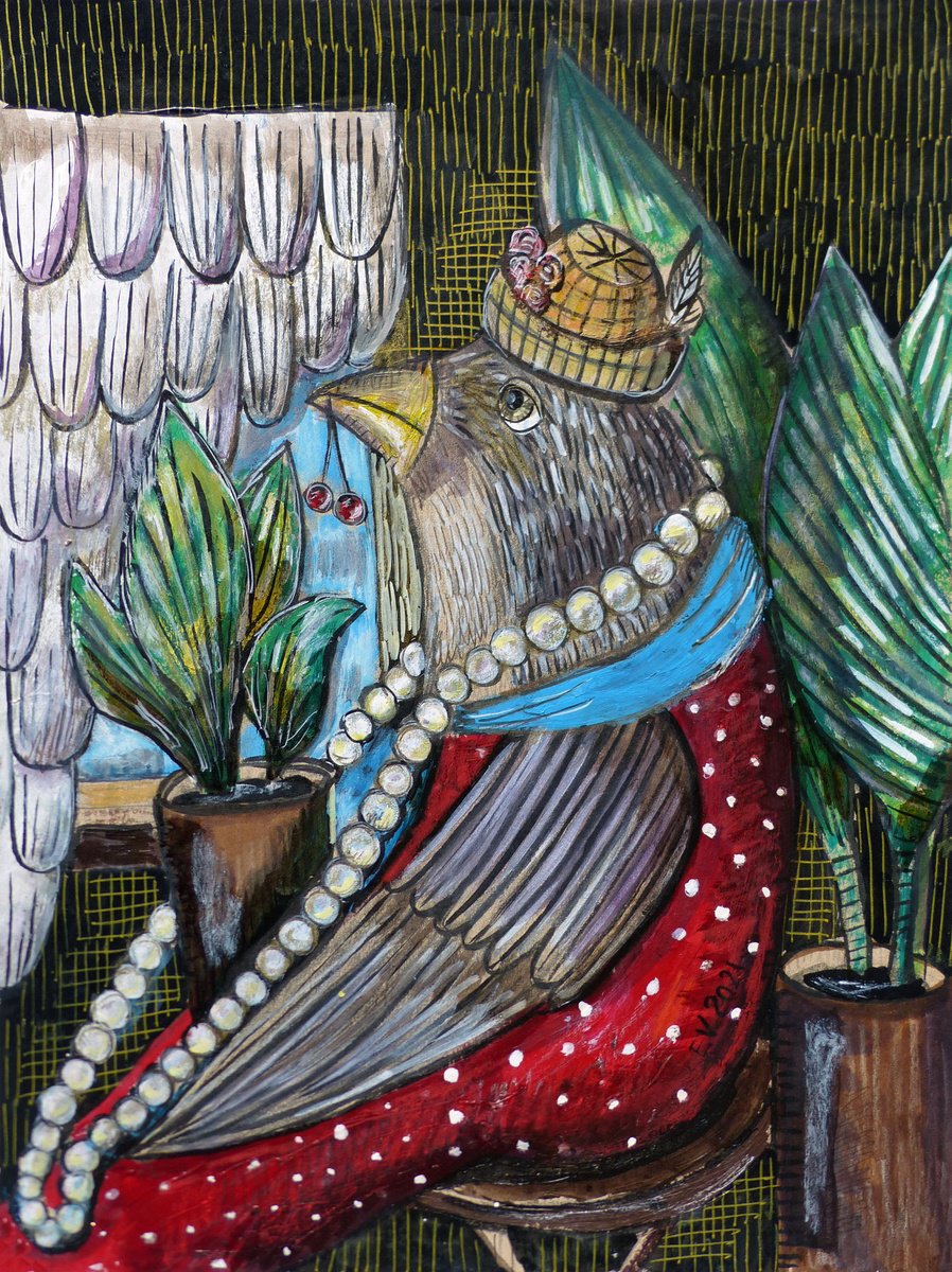 Naive Animal Painting By Elizabeth Vlasova, 9 X 12, The Waiting, Original Artwork