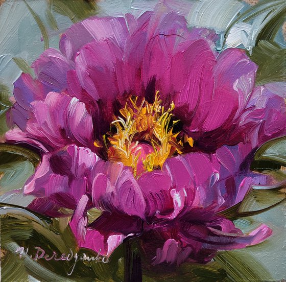 Peony oil painting original framed, Favor gift for best friend small painting purple flowers, Unique peony wall art