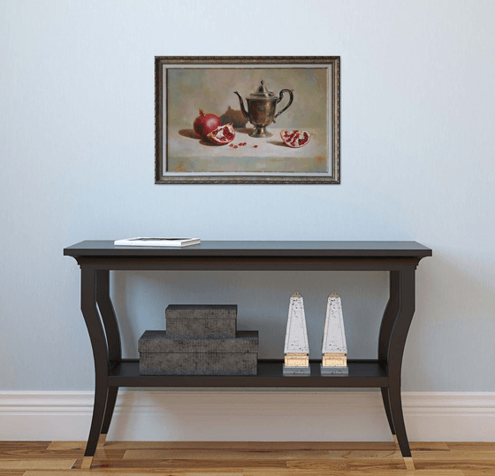 "English guest and pomegranates" still life teapot pomegranates liGHt original painting  GIFT (2020)