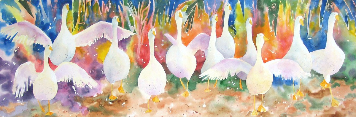Cacardements - Original large watercolor geese painting - Horizontal by Chantal Proulx