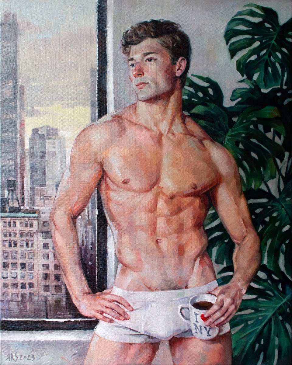 Impressionistic Portrait Oil Painting By Yaroslav Sobol, 17 X 21", Morning In New York, Original Artwork