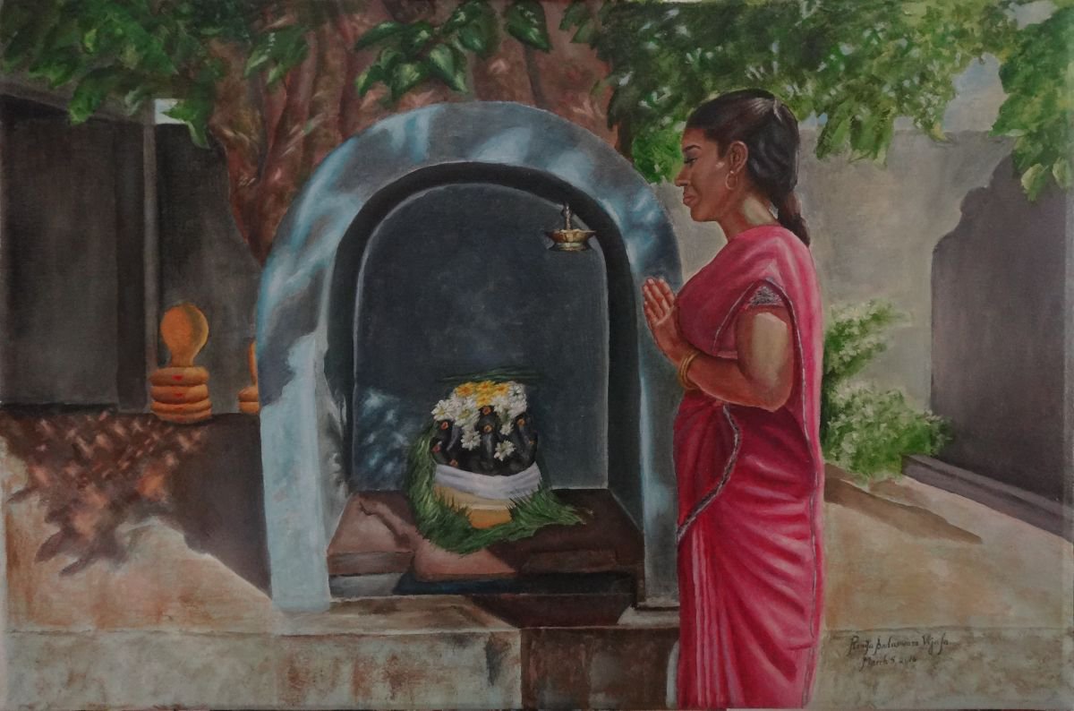 A woman praying to Pillaiyar by Ramya Sadasivam