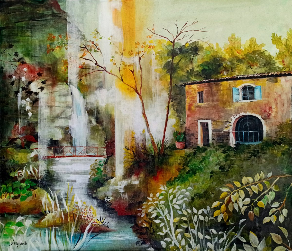 The house on the waterfall - landscape - original painting by Anna Rita Angiolelli