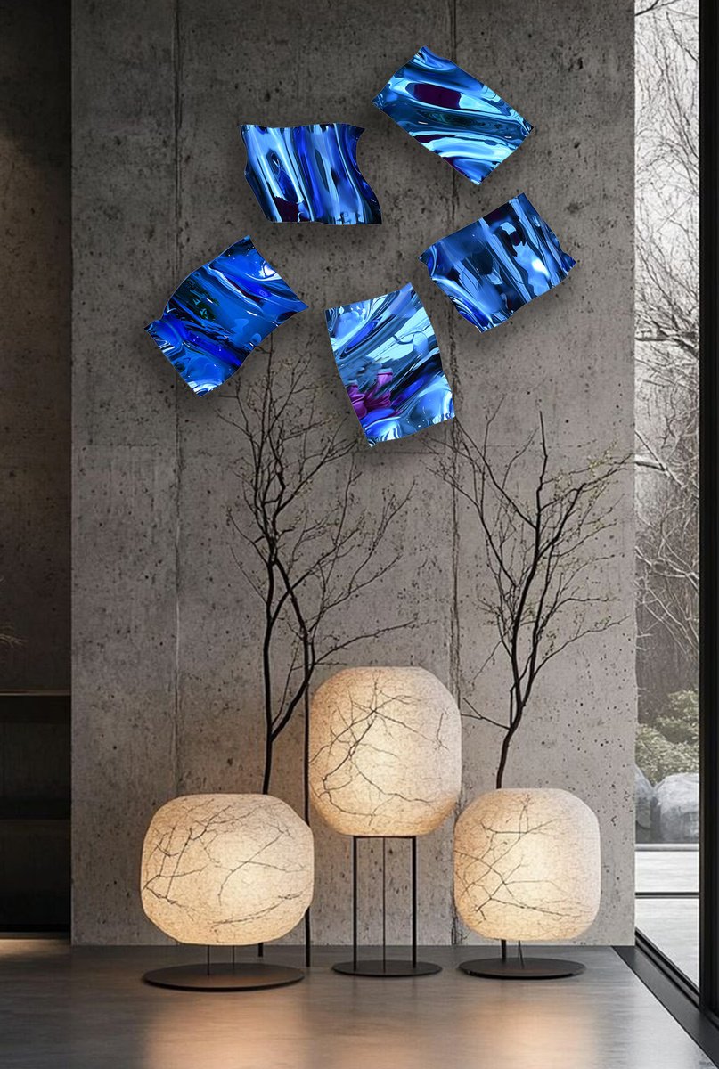 Geometric Abstract Sculpture By Anna Sidi-Yacoub, 29 X 29, Scattered Leaves In Light Blue, Original Artwork