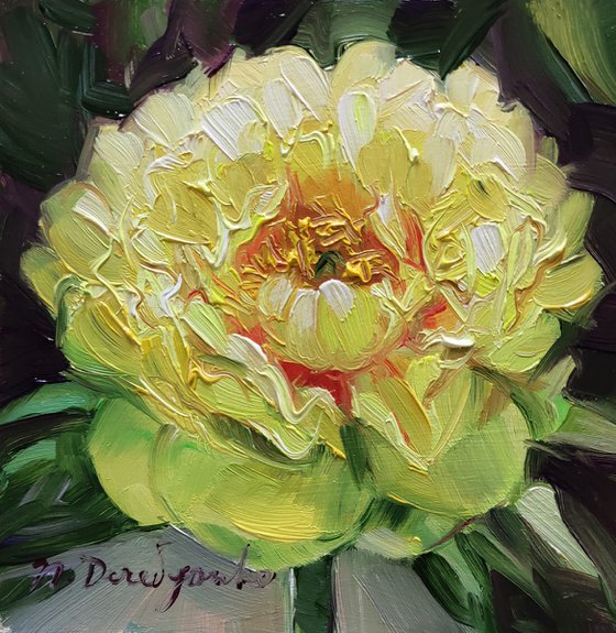 Yellow unique peony oil painting original framed, Small oil painting miniature, Floral oil painting Easter picture gift