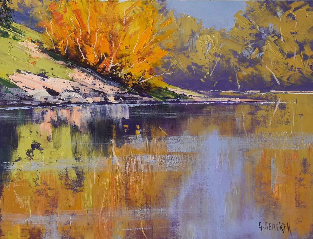 Autmn landscape painting Tumut river trees by Graham Gercken