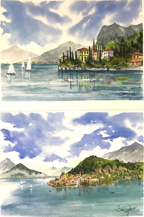 Two watercolours of Lake Como by Brian Tucker