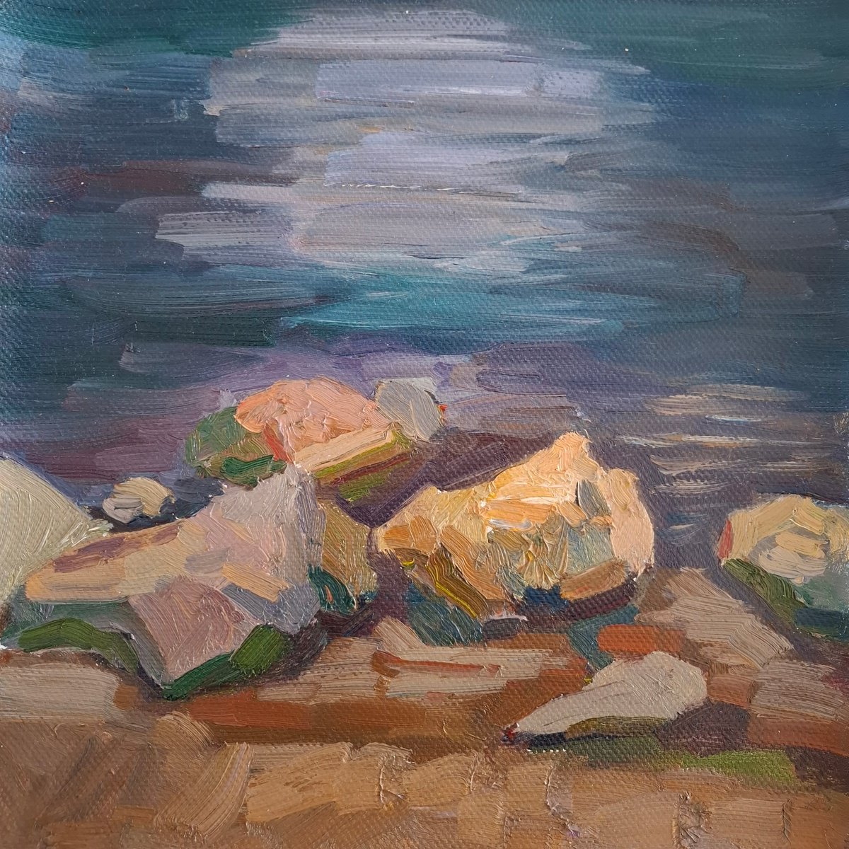Impressionistic Landscape Oil Painting By Olena Kolotova, 12 X 12", Landscape Stones In Water, Original Artwork