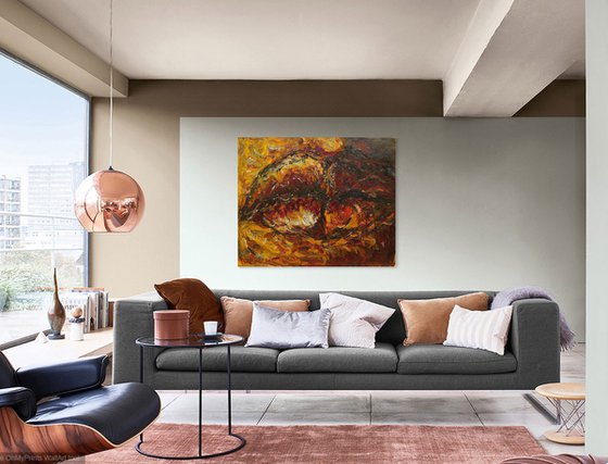 LIPS. CONFUSION OF FEELINGS - abstract large original painting, oil on canvas, brown, face lips love kiss, interior art home decor