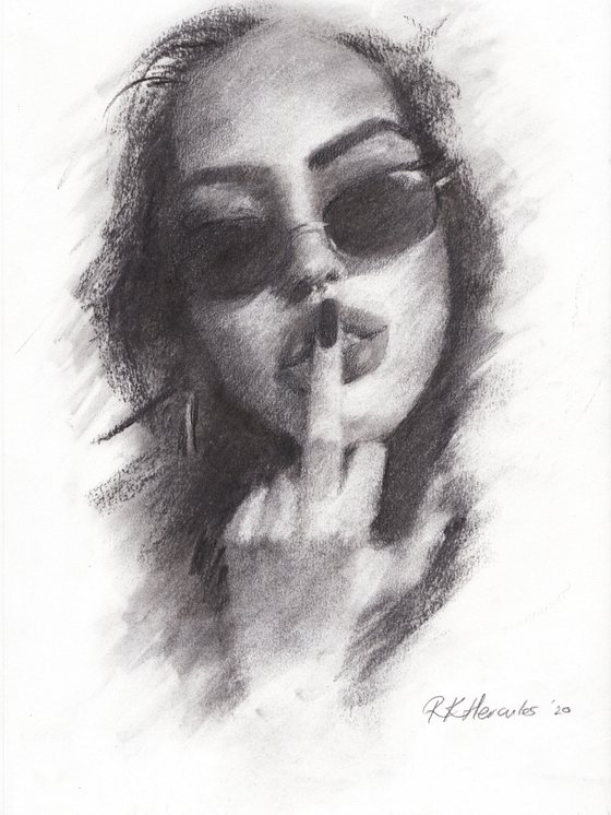 charcoal drawing of female attitude middel finger