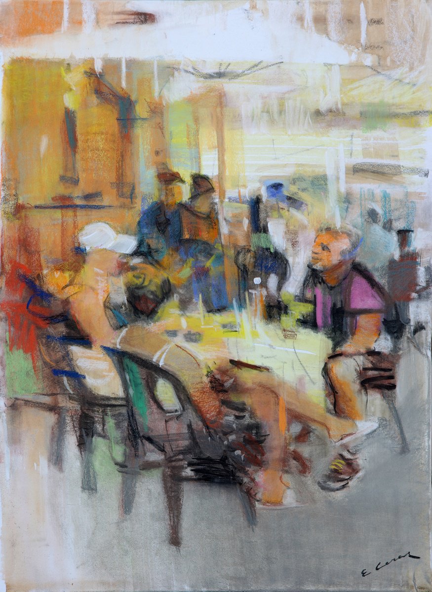 Expressive Pastel Drawing , In The Cafe By Eugene Segal, 16 X 22, Artwork For Sale On Artfinder