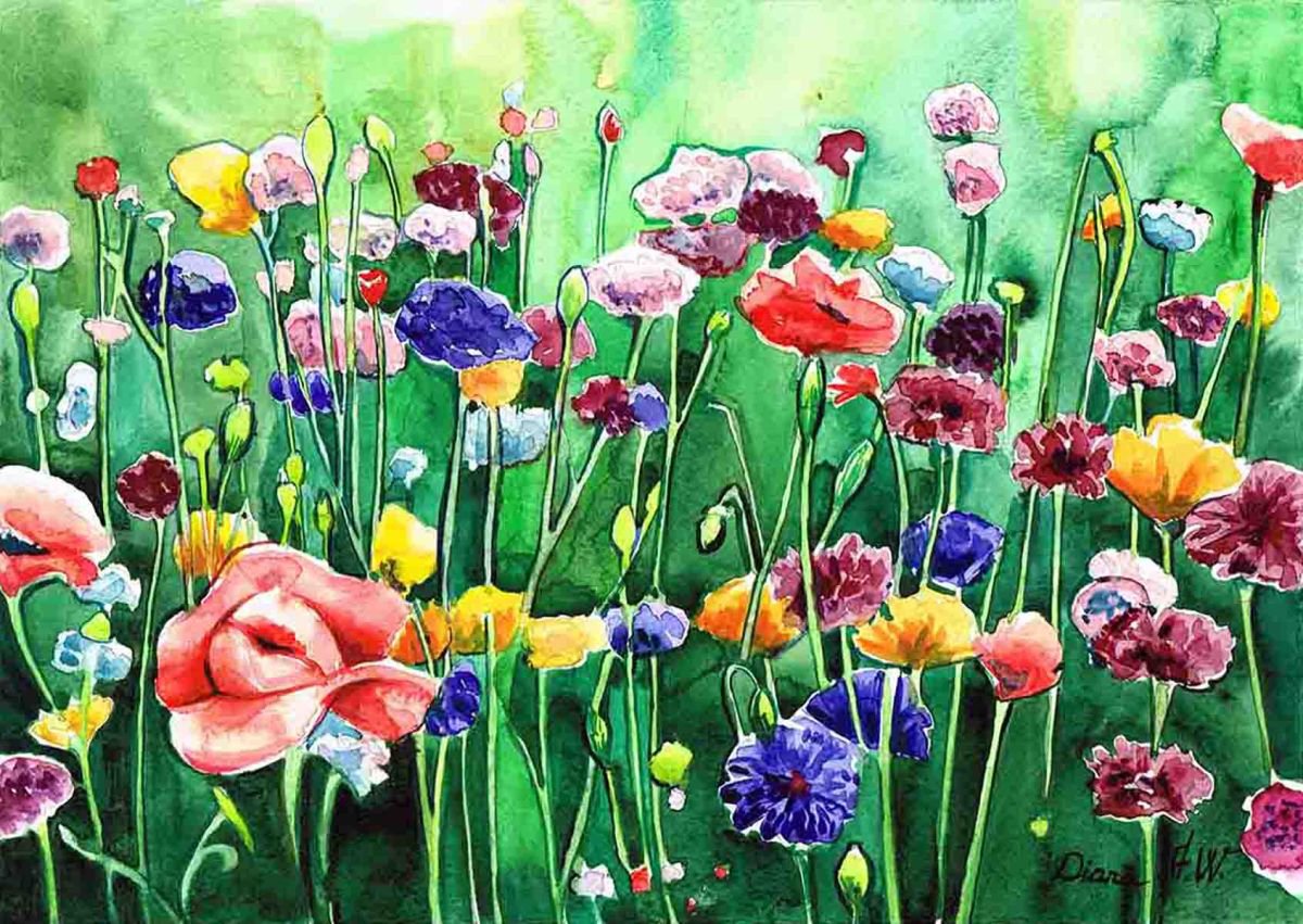 Meadow field, Colourful Flowers, original waterc | Artfinder