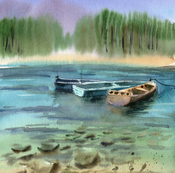Boats on the river original watercolor painting with sailing boats , blue water , river landscape , gift for best friend
