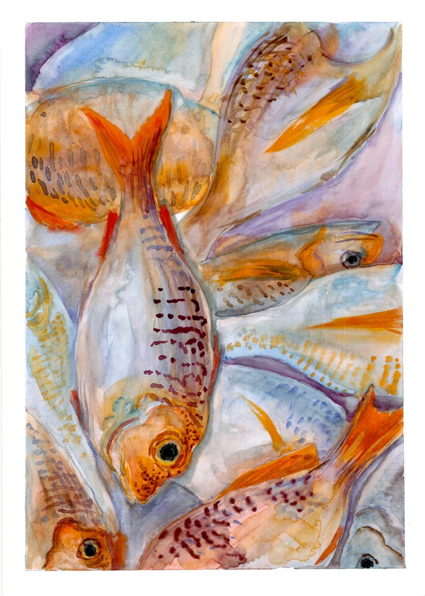 Fishes watercolor painting - Animal wall art - Gift idea for him by Olga Ivanova