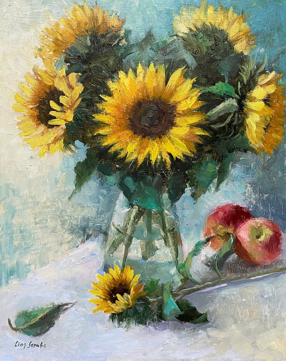 Impressionistic Botanical Oil Painting By Ling Strube, 16 X 20", Sunflower Bouquet #5, Original Artwork