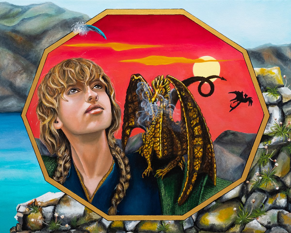 Surrealistic Portrait Acrylic Painting By Saskia Huitema, 21 X 17", Realms V- Isle Of Dragons, Original Artwork