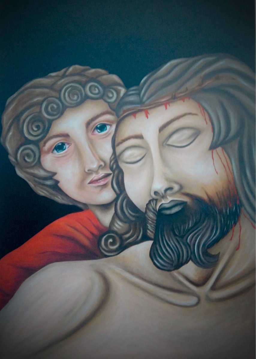 Portrait Acrylic Painting By Christina Bilbili, 28 X 39, Jesus & The Angel, Original Artwork