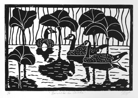 Bernaches du Canada - Small linocut print limited edition of 9