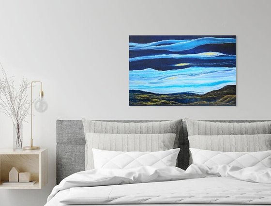 Large Abstract Seascape Painting. Ocean Waves. Blue and Gold Abstract Landscape Painting