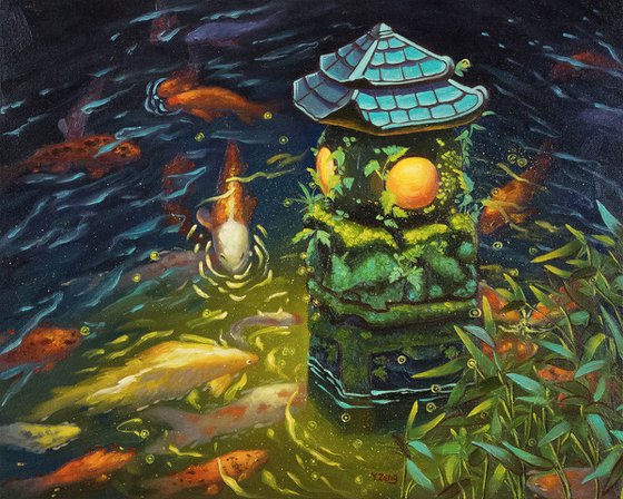 Stone lantern with Koi fishes