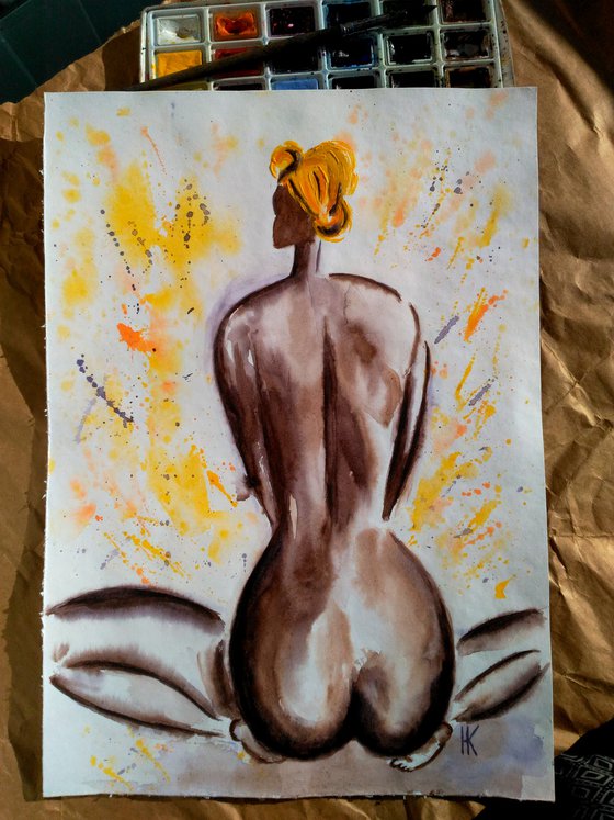 Nude Painting Woman Original Art African Queen Watercolor Female Nude Home Wall Art 12 by 17" by Halyna Kirichenko