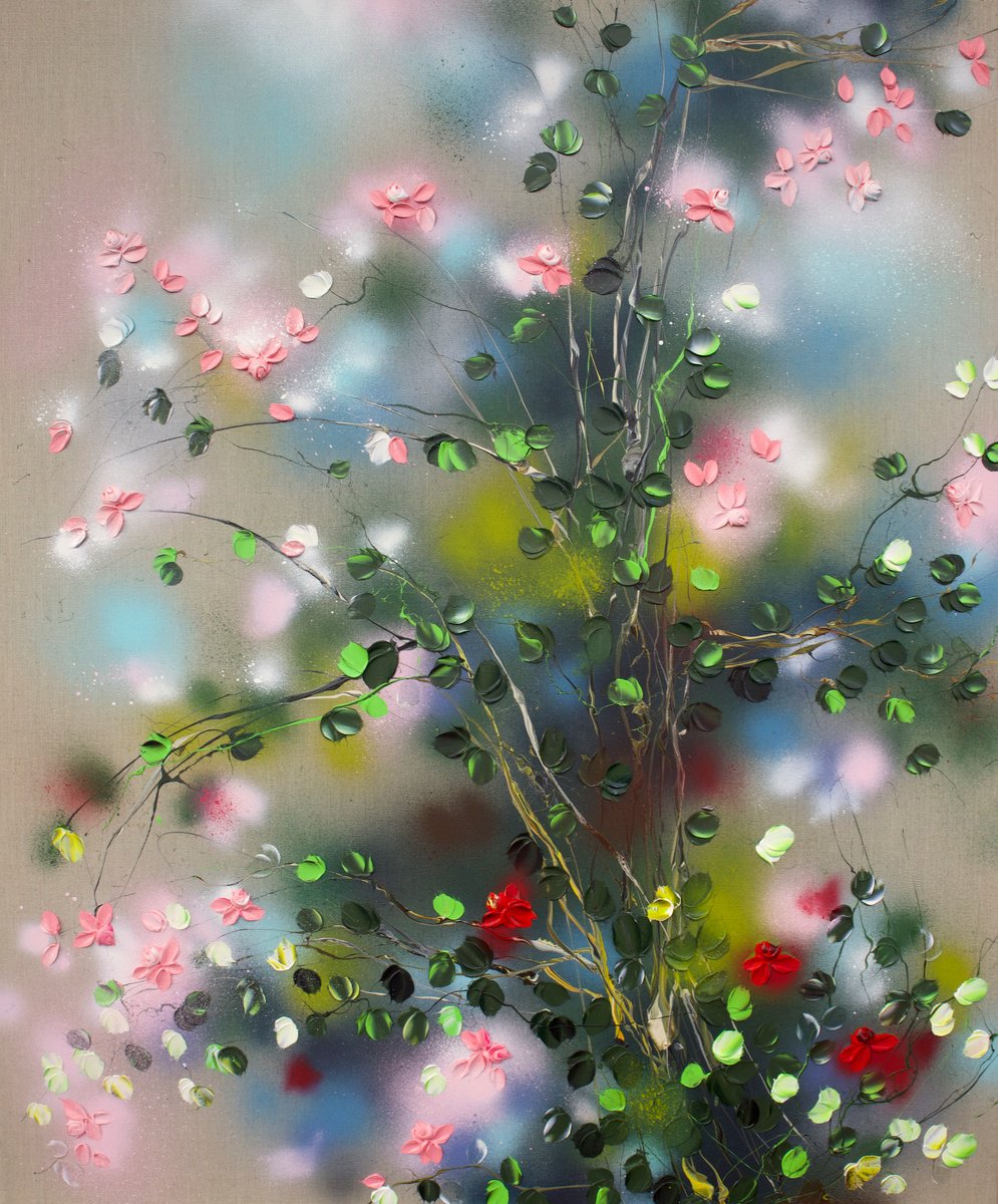 Expressive Botanical Acrylic Painting By Anastassia Skopp, 39 X 47, Summer Bliss, Original Artwork