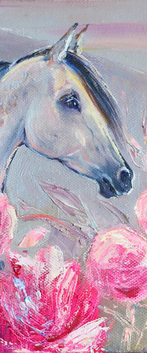 Horse and peonies by Elina Vetrova