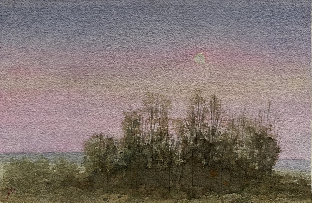 Impressionistic Landscape Watercolour By Shelly Du, 12 X 8", Evening With Full Moon, Original Artwork