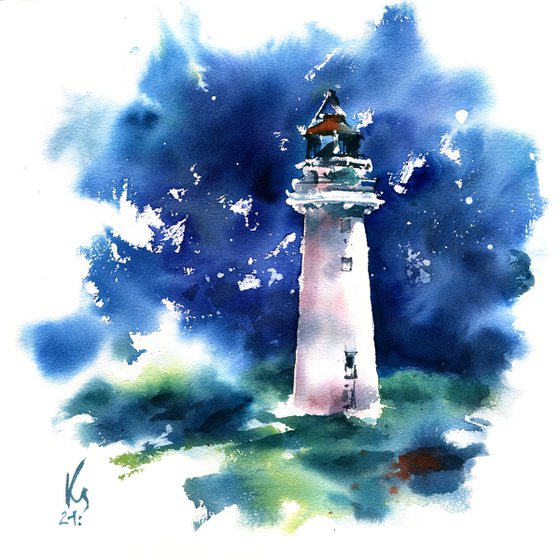 Architectural seascape "A minute before the storm" dramatic lighthouse against the backdrop of blue clouds -  original watercolor artwork in square format