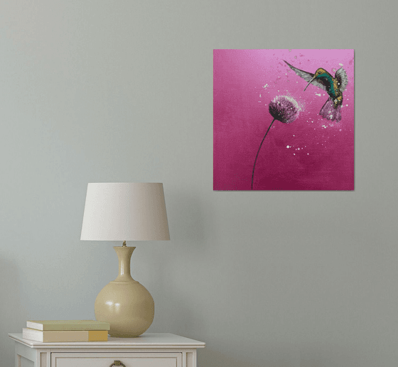 Free As A Bird ~ Hummingbird on Metallic Pink