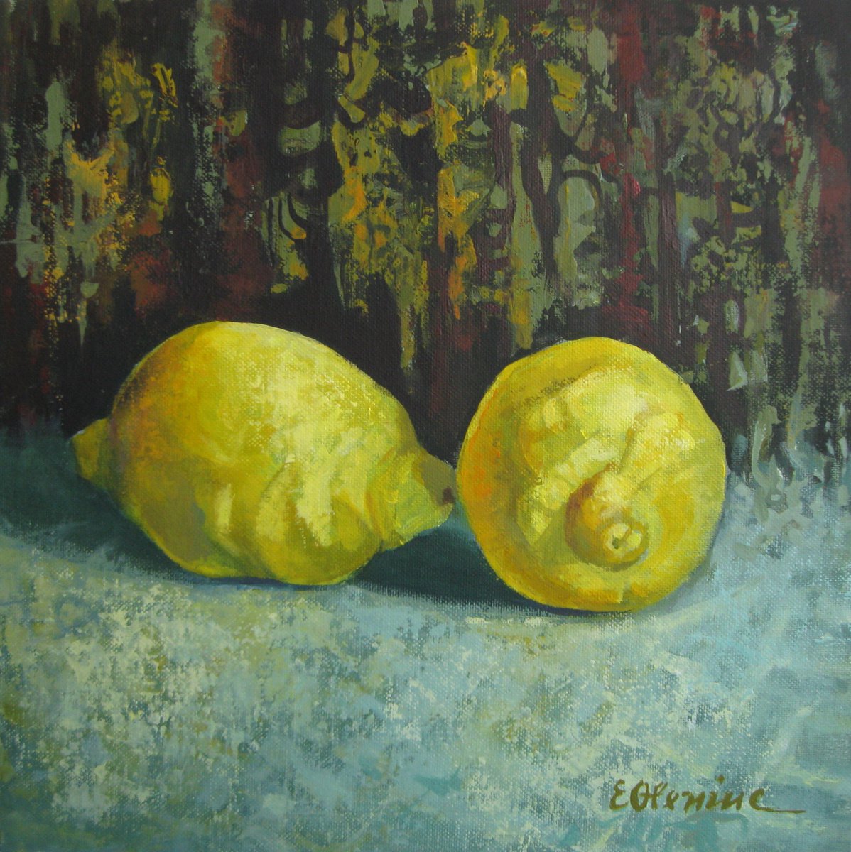 Expressive Still Life Acrylic Painting By Elena Oleniuc, 12 X 12, Two Lemons, Original Artwork