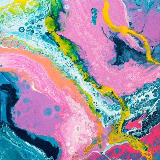 Candy - Colourful Abstract Fluid Painting on Canvas in Pink, Teal, Blue, & Yellow