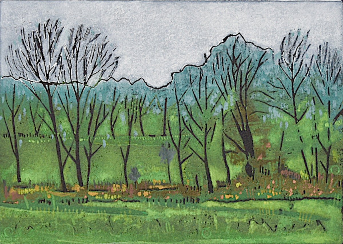 A Row of Willows, Flatford, Suffolk [linocut] by Jem Gooding