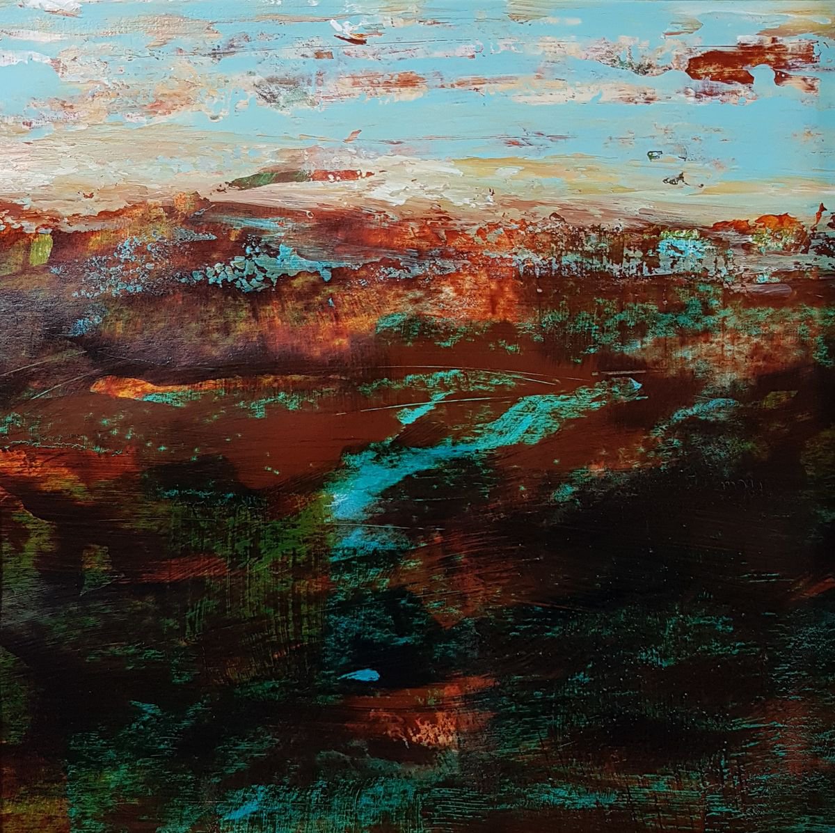 Impressionistic Landscape Acrylic Painting By Fabienne Monestier, 12 X 12, Intense And Space, Original Artwork