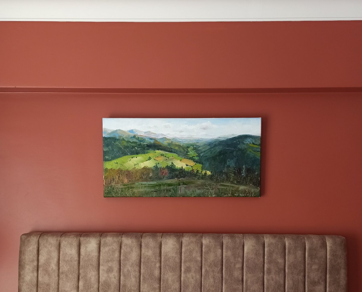 Impressionistic Landscape Oil Painting By Leyla Demir, 31 X 16", Mountains Forest And Fields, Original Artwork