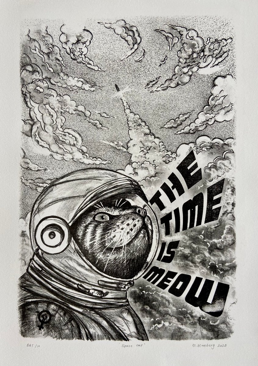 Animal Limited Edition Print By Mariette Momberg, 19 X 25", Space Cat, Original Artwork