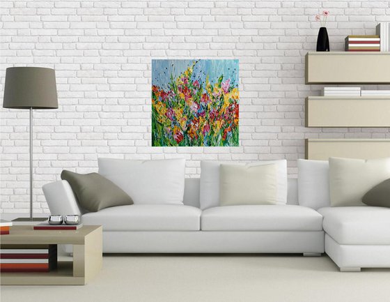 Sun Kissed Flowers - Textured Landscape Painting, Original Abstract Floral Artwork, Palette Knife Art