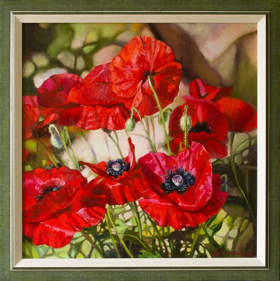 "Scarlet flashes"  flower  poppies summer liGHt original painting  GIFT (2018)