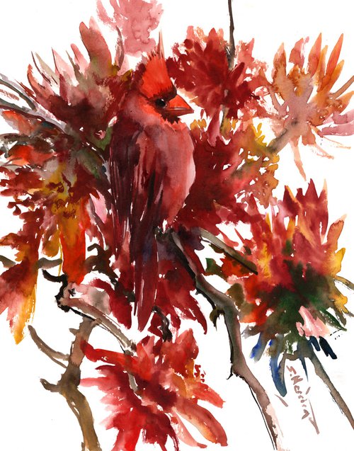 Cardinal Bird and Red Flowers by Suren Nersisyan
