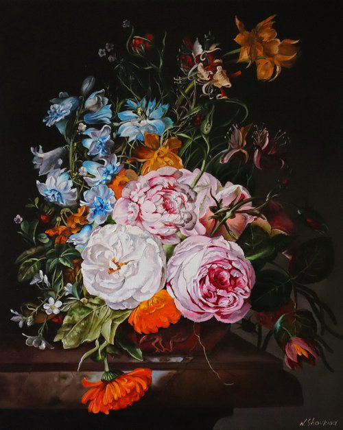 Garden Flowers in a vase, Dark Moody Art Floral by Natalia Shaykina