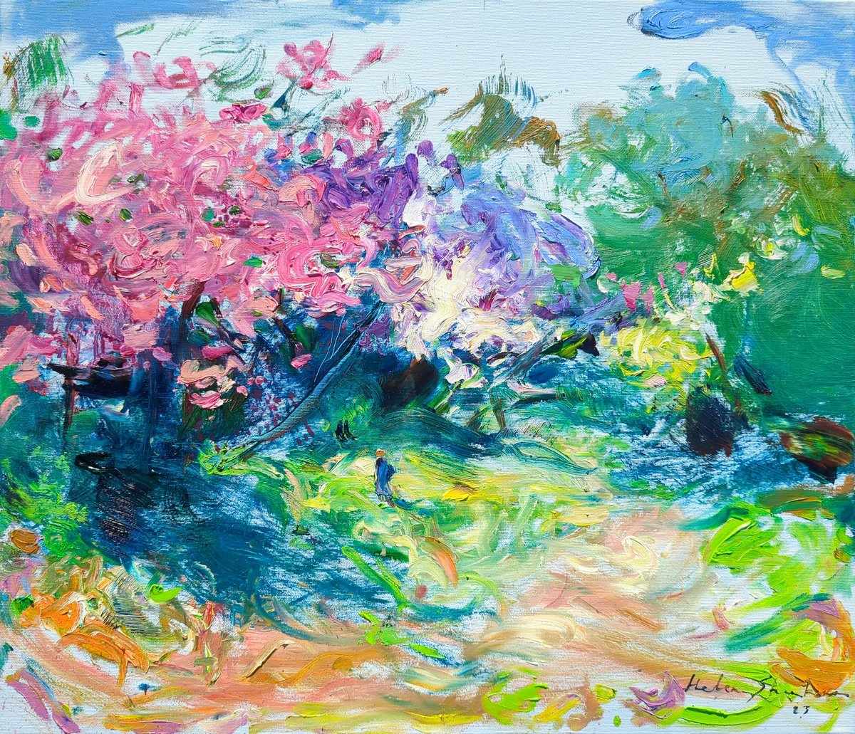 Impressionistic Landscape Oil Painting By Helen Shukina, 28 X 24, Spring Inspiration . Lilac, Original Artwork