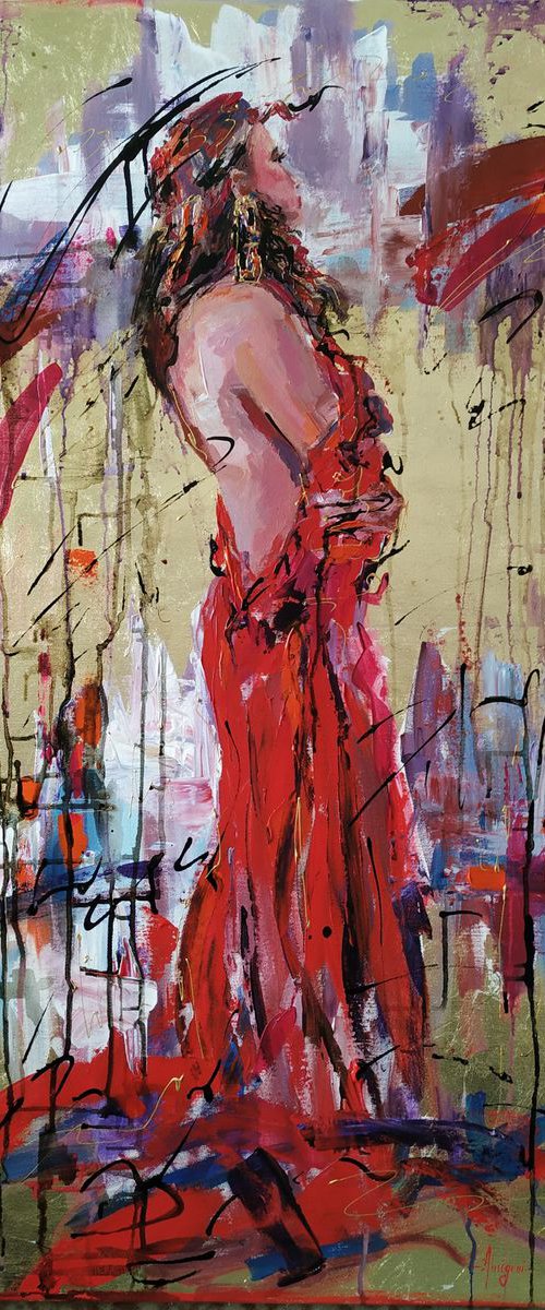 Woman in Red-figurative painting on canvas. by Antigoni Tziora