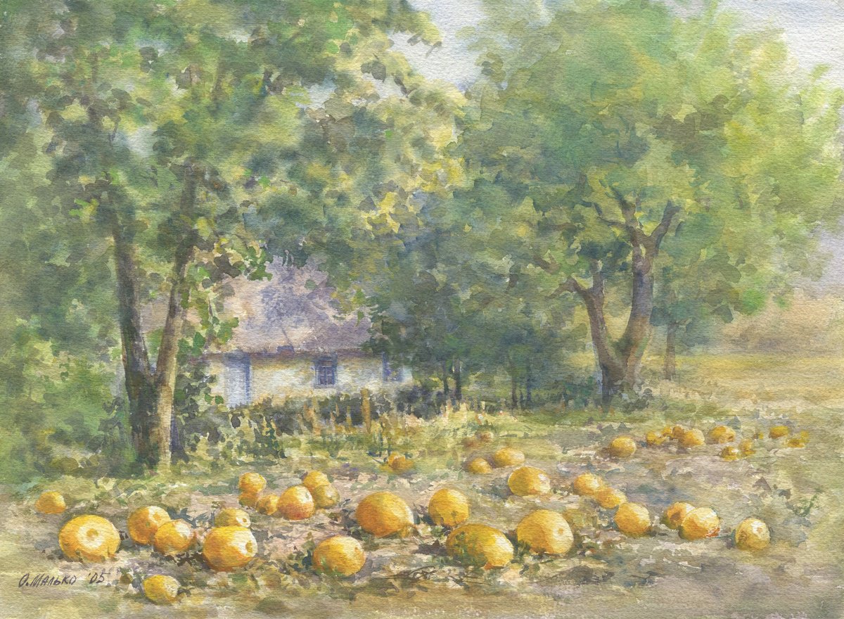 Pumpkins near the old house / ORIGINAL watercolor 15x11in (38x28cm) by Olha Malko