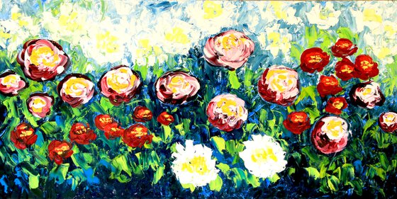 Red and pink flowers. Oil painting of flowers on canvas