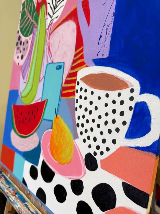 Colorful Still Life with Cups and Fruit