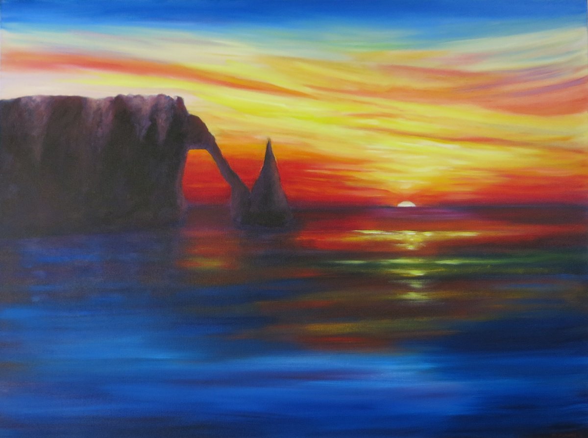 Impressionistic Landscape Oil Painting By Maureen Greenwood, 39 X 30", Normandy Sunset, Original Artwork