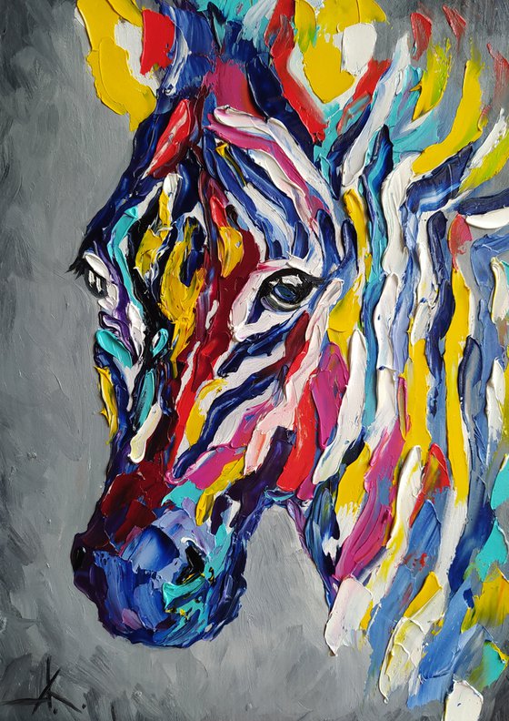 Colored stripes in life - zebra, oil painting, animals, zebra face, animal oil painting, gift