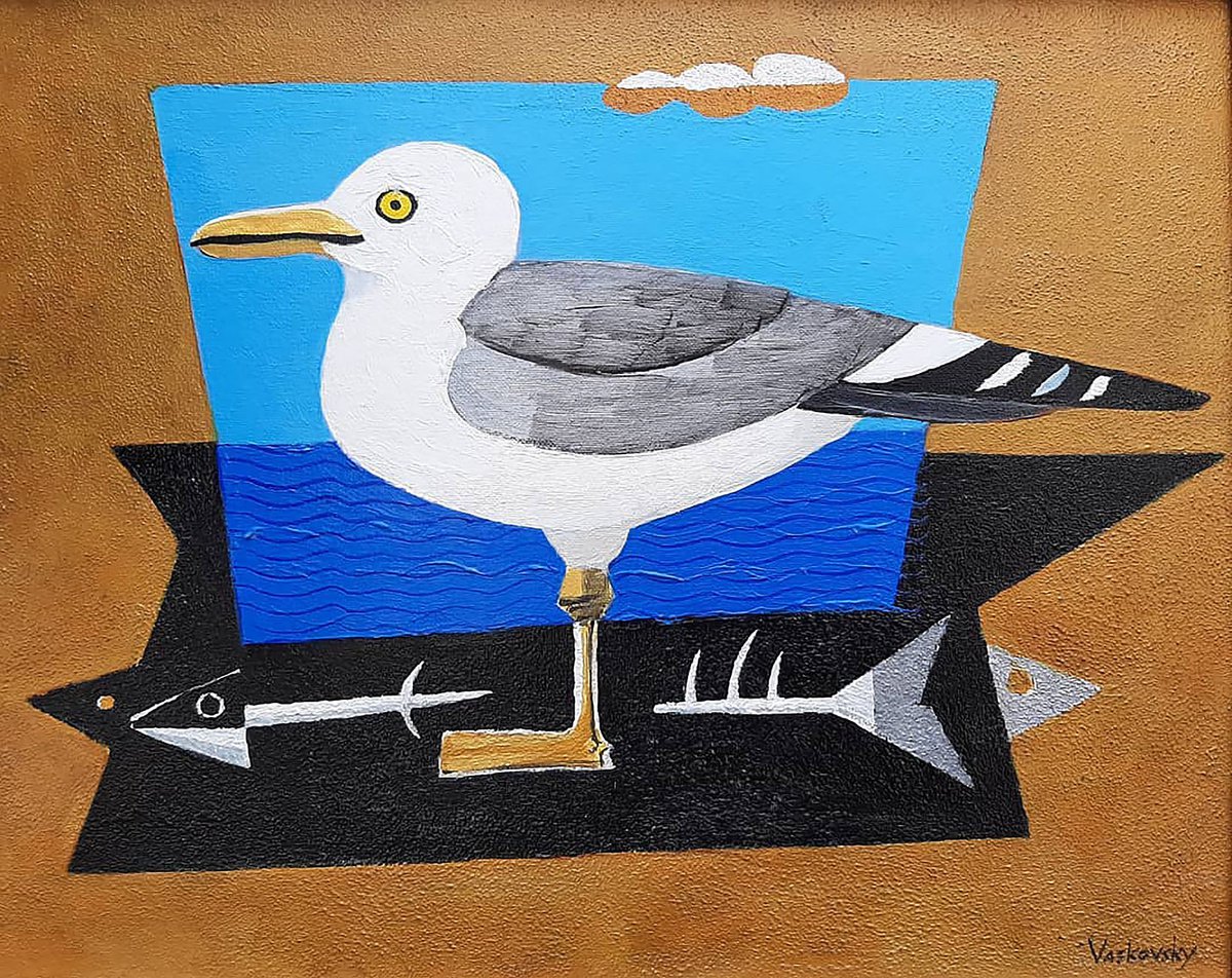 Surrealistic Animal Acrylic Painting By Vadim Vaskovsky, 20 X 16", Seagull And Fish Bone, Original Artwork