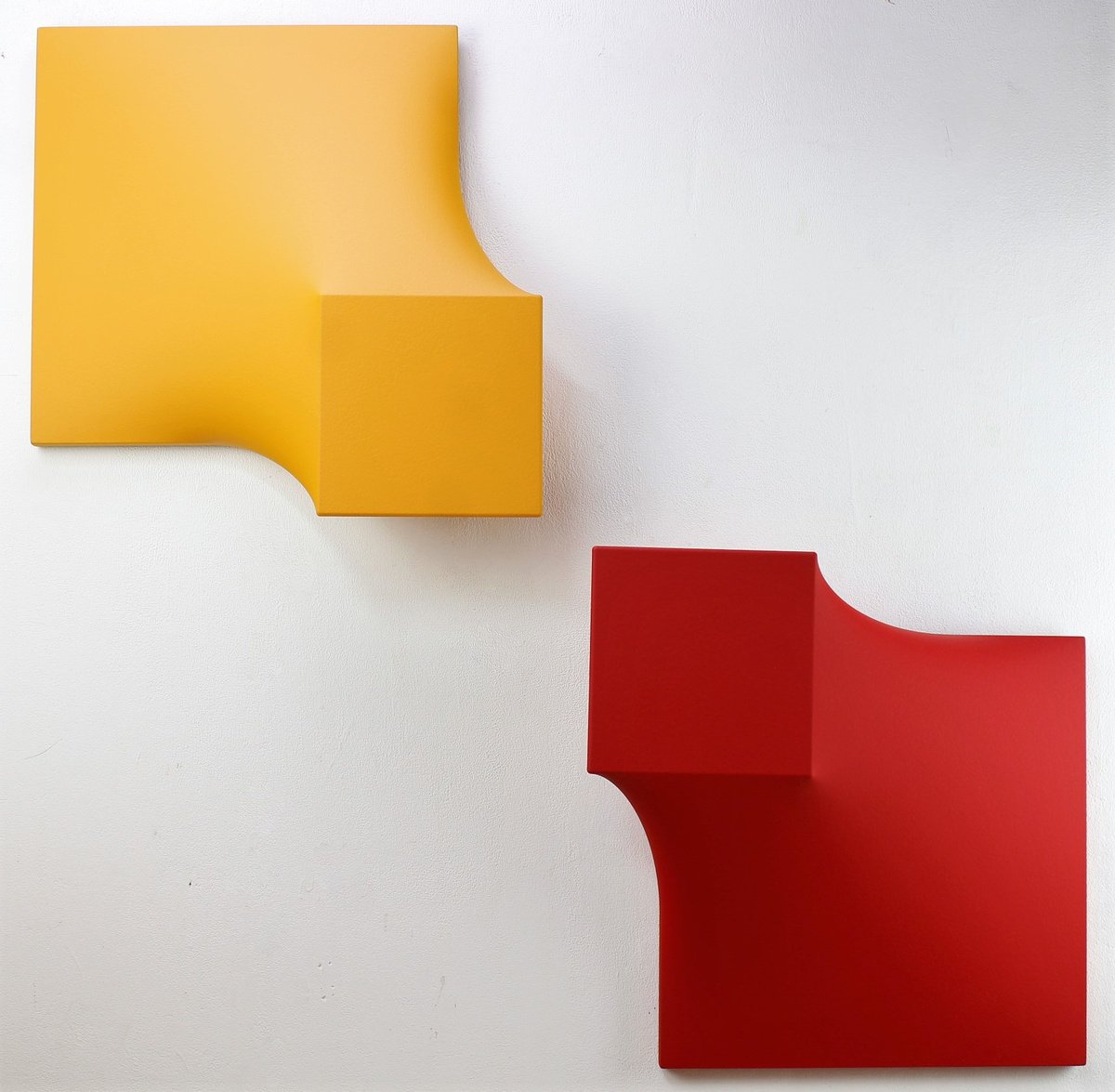 Geometric Abstract Sculpture By Alessandro Butera, 39 X 39, Italian Style Red And Yellow, Original Artwork